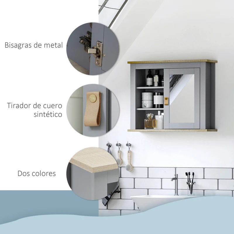 kleankin Armario de Baño con Espejo Armario Auxiliar de Pared con 1 Puerta y Estantes Ajustables Espacio de Almacenaje para Cocina Recibidor 60x19x49 cm Gris