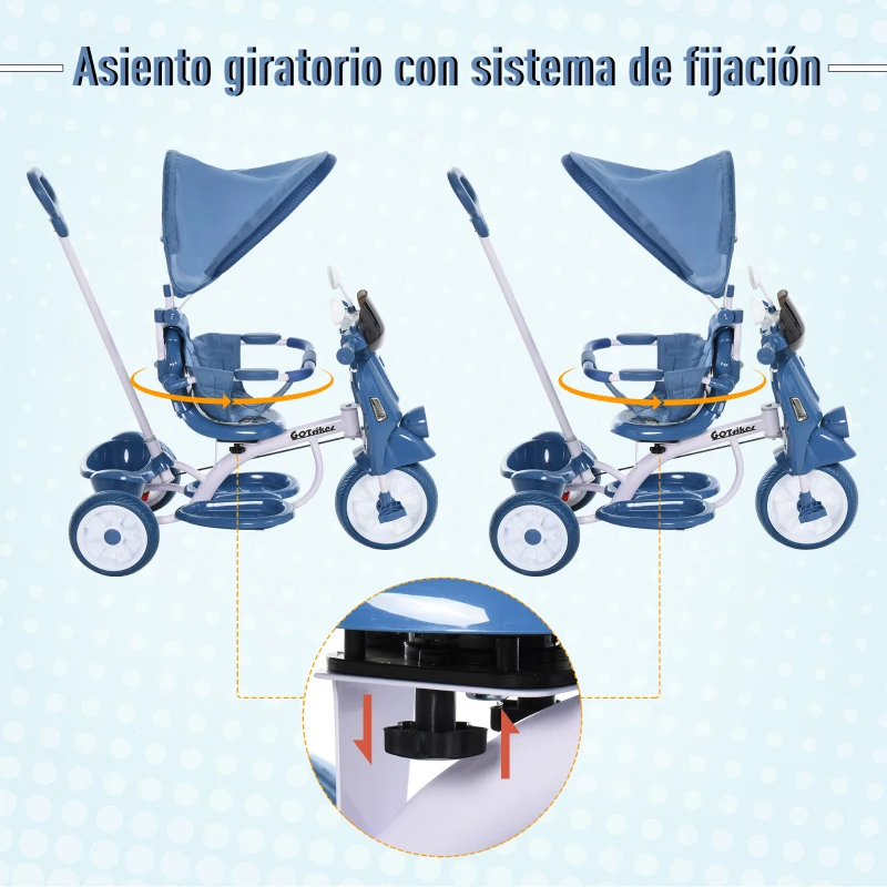HOMCOM Triciclo Evolutivo Infantil 3 en 1 para Niños +12 Meses con Función de Luz y Música Barra de Seguridad y Toldo Retráctil Asiento Giratorio 360° 93x51x94 cm Azul