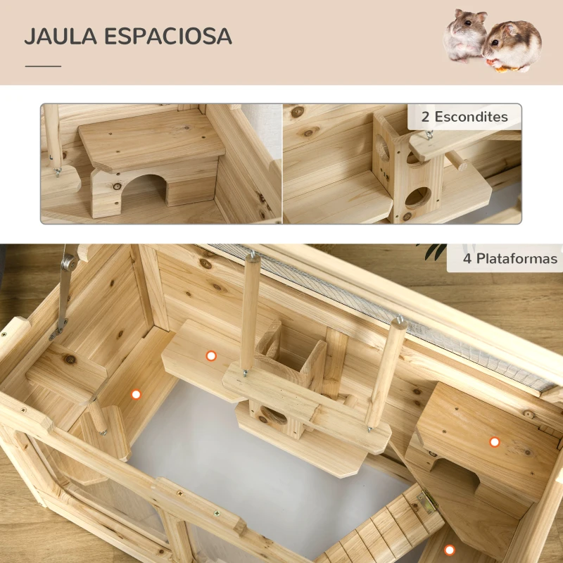 PawHut Jaula de Madera para Hámster Ratones Casa de Roedores con 2 Escondites Techo Abatible Bandeja Extraíble Múltiples Plataformas Rampa y Columpios 78x40x44 cm Natural