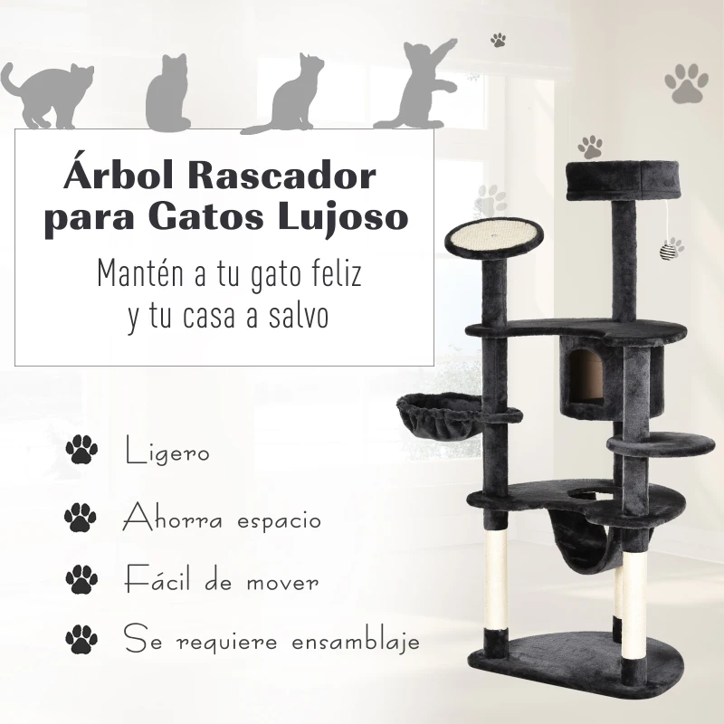PawHut Árbol Rascador para Gatos Grande 65x50x155 cm Centro de Actividades para Mascotas con Postes Rascadores Tableros Caja Hamaca Canasta Sisal Peluche Gris Oscuro