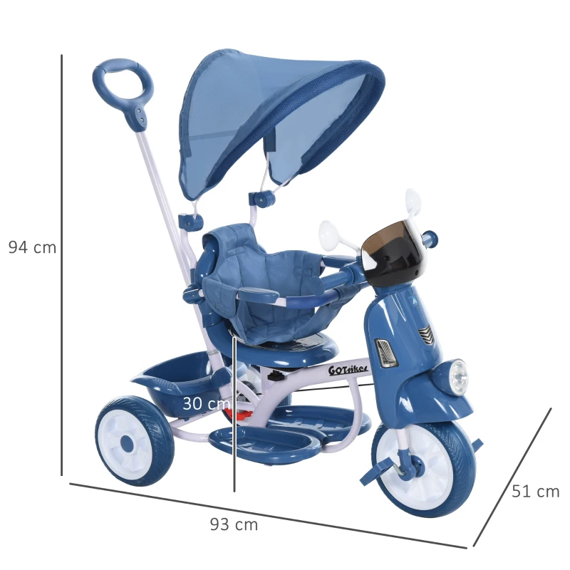HOMCOM Triciclo Evolutivo Infantil 3 en 1 para Niños +12 Meses con Función de Luz y Música Barra de Seguridad y Toldo Retráctil Asiento Giratorio 360° 93x51x94 cm Azul