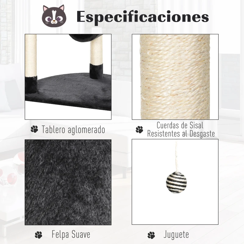 PawHut Árbol Rascador para Gatos Grande 65x50x155 cm Centro de Actividades para Mascotas con Postes Rascadores Tableros Caja Hamaca Canasta Sisal Peluche Gris Oscuro