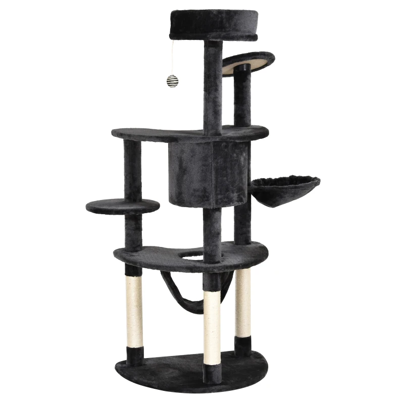 PawHut Árbol Rascador para Gatos Grande 65x50x155 cm Centro de Actividades para Mascotas con Postes Rascadores Tableros Caja Hamaca Canasta Sisal Peluche Gris Oscuro