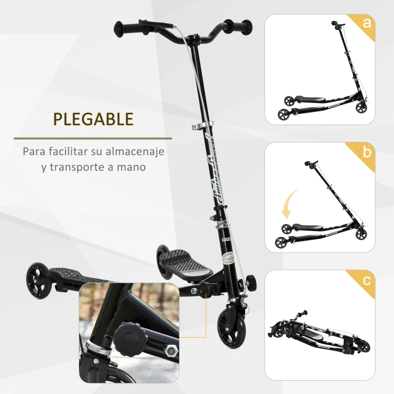 HOMCOM Patinete Scooter de 3 Ruedas Plegable Scooter de Oscilación de Reductor para Niños +4 Años con Freno Manillar Ajustable Carga 60kg Negro