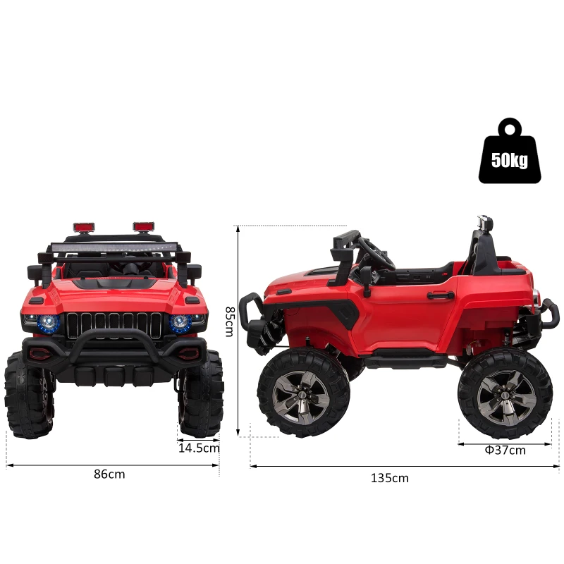 HOMCOM Coche Eléctrico para Niños Vehículo Todoterreno Infantil con Música Luces Batería 12V Control Remoto Carga 50kg para Niños 3 Años+ 135x86x85cm