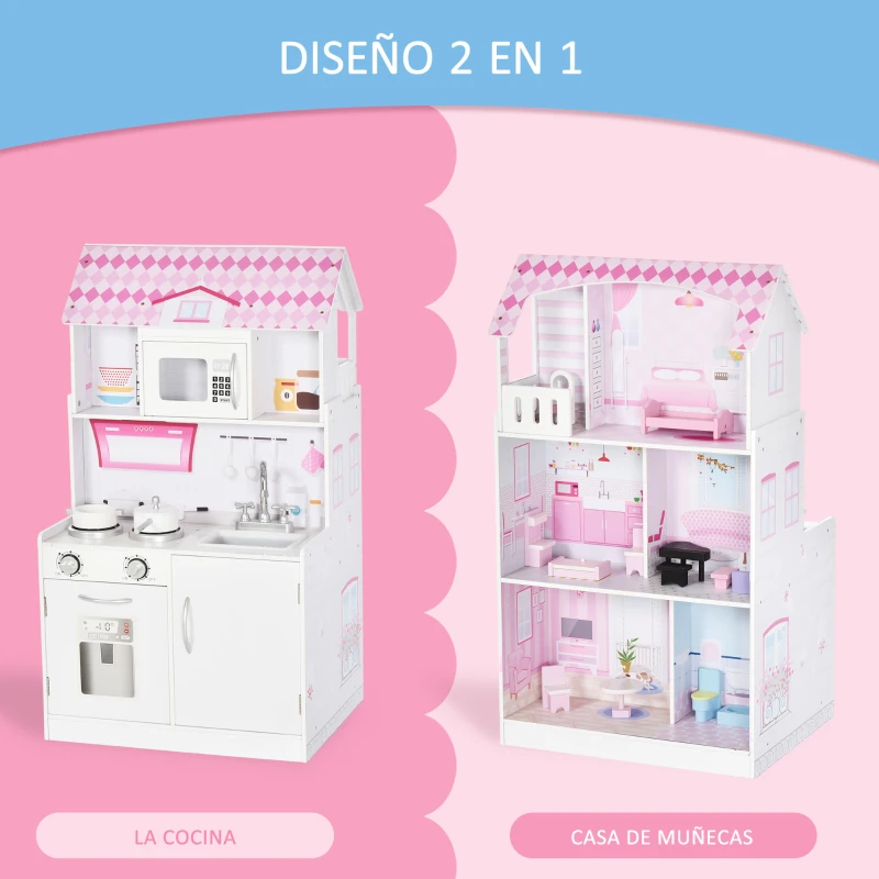 HOMCOM 2 en 1 Cocinita de Juguete para Niños con 12 Accesorios Casa de Muñecas 3 Pisos con Espacio de Almacenaje Incluidos Juego de Rol 60x48x106 cm Rosa