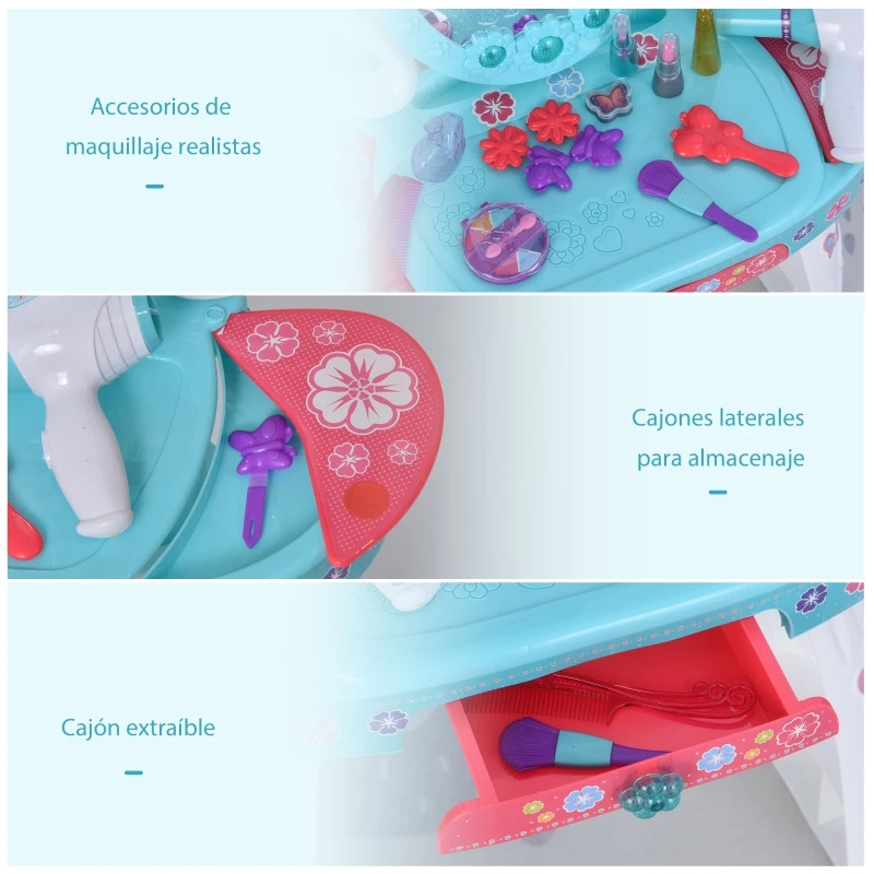 HOMCOM Tocador de Juguete para Niños +3 Años con  29 Piezas Taburete Función de Música Luces Centro de Belleza Infantil 49,5x23,5x69,5 cm Azul