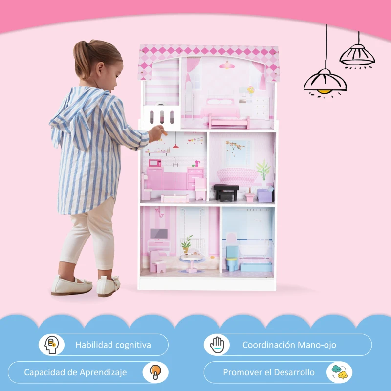 HOMCOM 2 en 1 Cocinita de Juguete para Niños con 12 Accesorios Casa de Muñecas 3 Pisos con Espacio de Almacenaje Incluidos Juego de Rol 60x48x106 cm Rosa