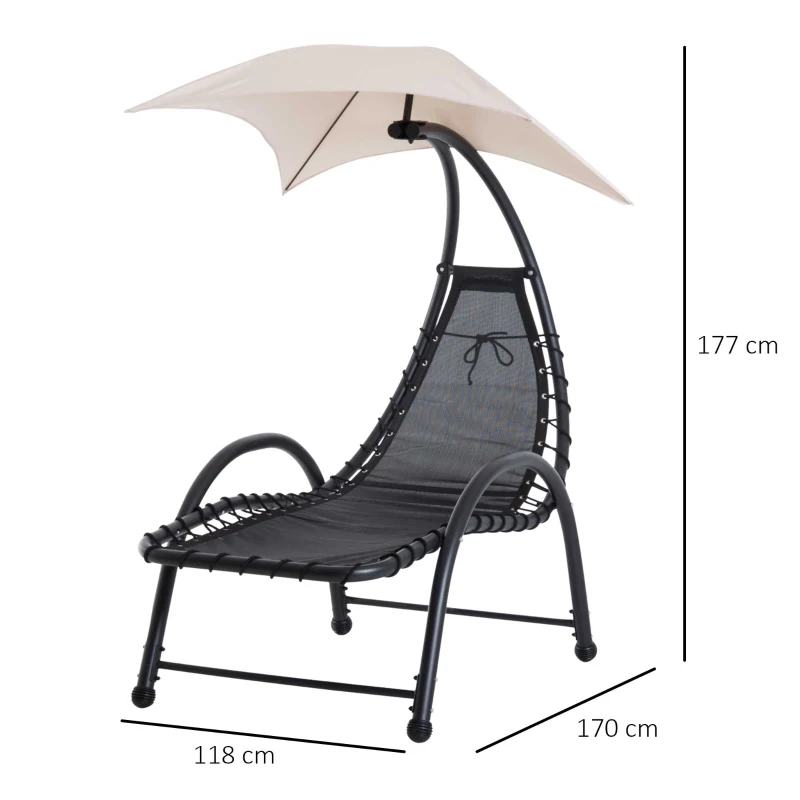 Outsunny Bain de Soleil transat de jardin chaise longue Design Contemporain - Pare-Soleil et Matelas - Acier Polyester - dim. 1,7L x 1,18l x 1,77H m - Beige Noir