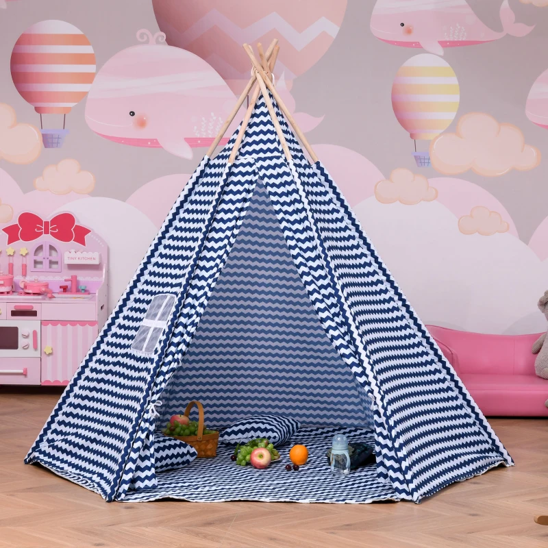 HOMCOM Tienda de Campaña para Niños Tipi Infantil Estilo Indio con Ventana Cubierta de Suelo y 2 Almohadas Bolsa de Tranporte Interior y Exterior 200x200x170 cm Azul