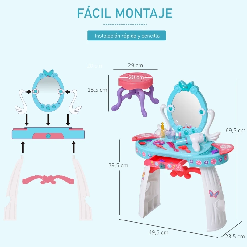 HOMCOM Tocador de Juguete para Niños +3 Años con  29 Piezas Taburete Función de Música Luces Centro de Belleza Infantil 49,5x23,5x69,5 cm Azul