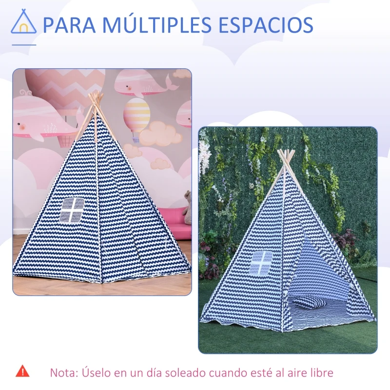 HOMCOM Tienda de Campaña para Niños Tipi Infantil Estilo Indio con Ventana Cubierta de Suelo y 2 Almohadas Bolsa de Tranporte Interior y Exterior 200x200x170 cm Azul