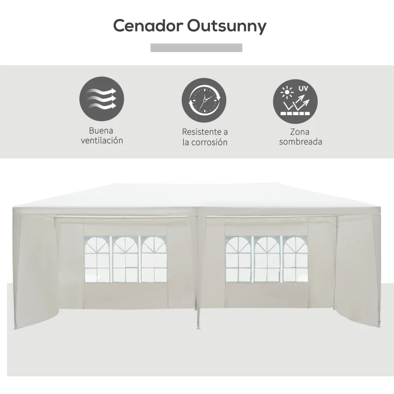 Outsunny Carpa de Jardín 6x3x2,5 m con 4 Paredes Laterales y 2 Ventanas Cenador Gazebo de Exterior Marco de Acero para Fiestas Eventos Bodas Blanco