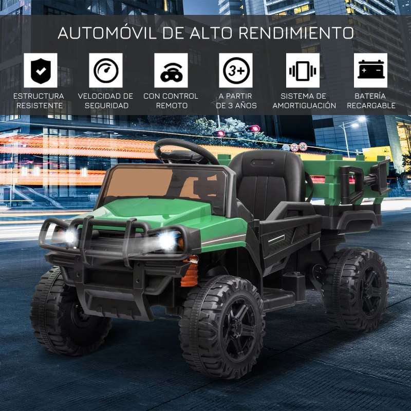 HOMCOM Coche Eléctrico para Niños de +3 Años Todoterreno con 2 Motores Control Remoto 2,4 GHz Batería Recargable 119x64,5x65 cm Verde
