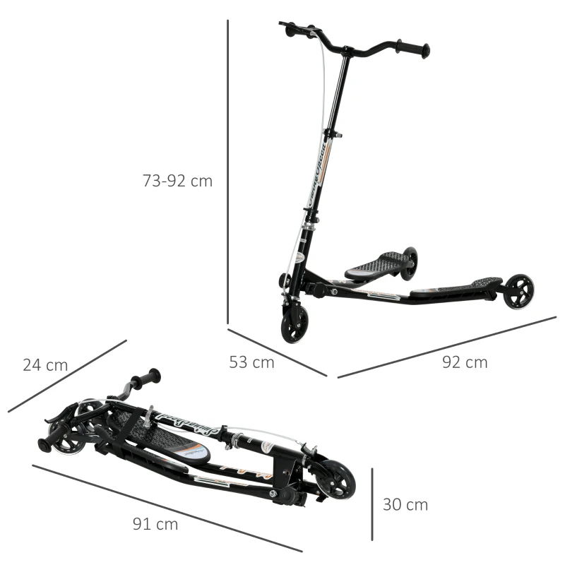 HOMCOM Patinete Scooter de 3 Ruedas Plegable Scooter de Oscilación de Reductor para Niños +4 Años con Freno Manillar Ajustable Carga 60kg Negro