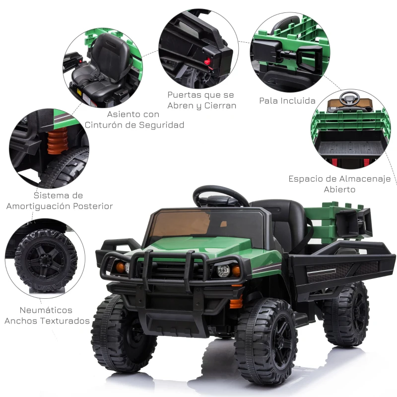HOMCOM Coche Eléctrico para Niños de +3 Años Todoterreno con 2 Motores Control Remoto 2,4 GHz Batería Recargable 119x64,5x65 cm Verde