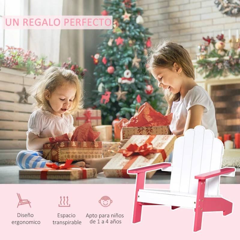 Outsunny Silla de Jardín Adirondack para Niños de +1 Año de Madera Maciza Sillón Infantil para Interior Terraza Balcón Carga Máx. 40 kg 51x50x52,5 cm Blanco