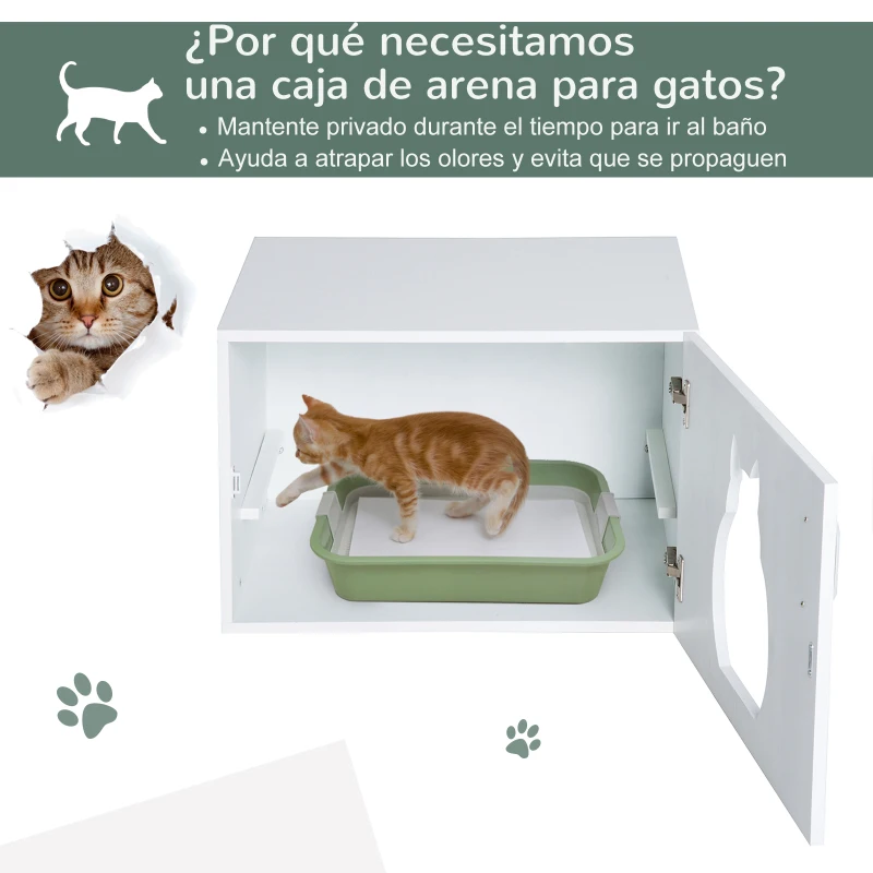 PawHut Casa para Gatos de Madera Mueble Arenero para Gatos con Puerta con Bisagras y Orificio de Entrada en Forma de Gato Cueva de Gato 60x41x51 cm Blanco