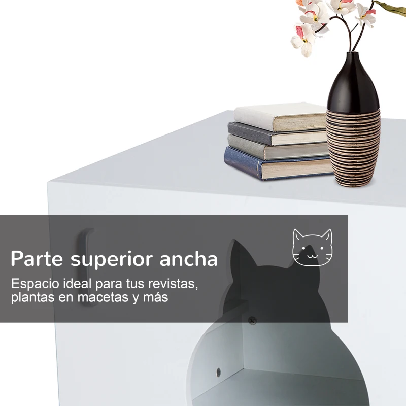 PawHut Casa para Gatos de Madera Mueble Arenero para Gatos con Puerta con Bisagras y Orificio de Entrada en Forma de Gato Cueva de Gato 60x41x51 cm Blanco