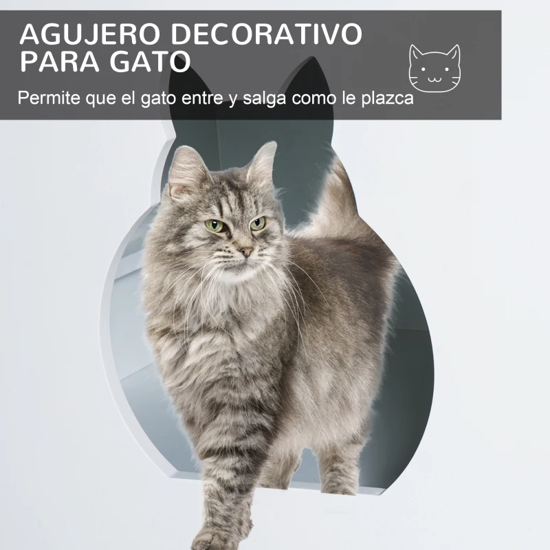 PawHut Casa para Gatos de Madera Mueble Arenero para Gatos con Puerta con Bisagras y Orificio de Entrada en Forma de Gato Cueva de Gato 60x41x51 cm Blanco