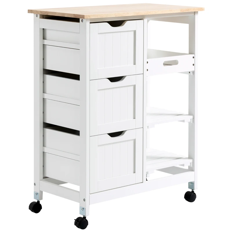 HOMCOM Rolling Kitchen Island Cart, Bar Serving Cart, Compact Trolley on Wheels with Wood Top, Shelves & Drawers for Home Dining Area, White