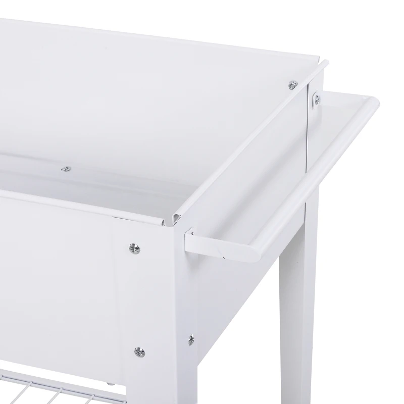 Podniesione łóżko Outsunny, mobilny wózek na rośliny ze schowkiem, kwietnik na 2 kółkach, metal, biały, 107,5 x 50 x 80 cm