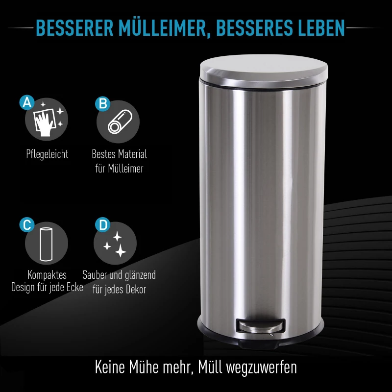 HOMCOM® Kosz na śmieci kosz na odpadki kosz z pedałem z kubłem wewnętrznym z cichym zamykaniem stal nierdzewna PP Ø29,2 x wys. 62,5 cm