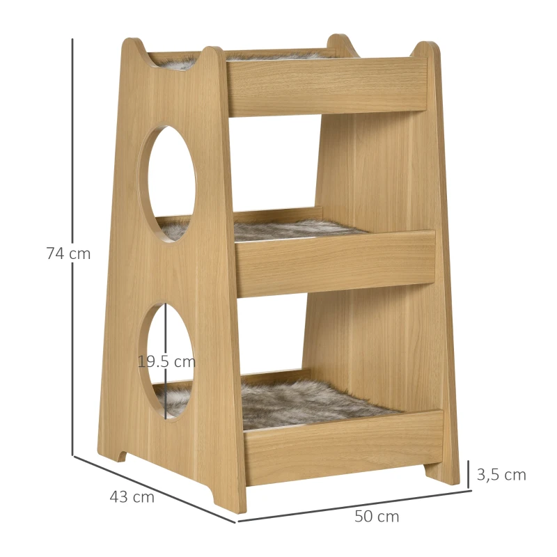 PawHut Katzenbett dreistöckiges Katzenhaus mit Löcher weichen Kissen Polyester MDF Natur+Weiß+Grau 50 x 43 x 74 cm