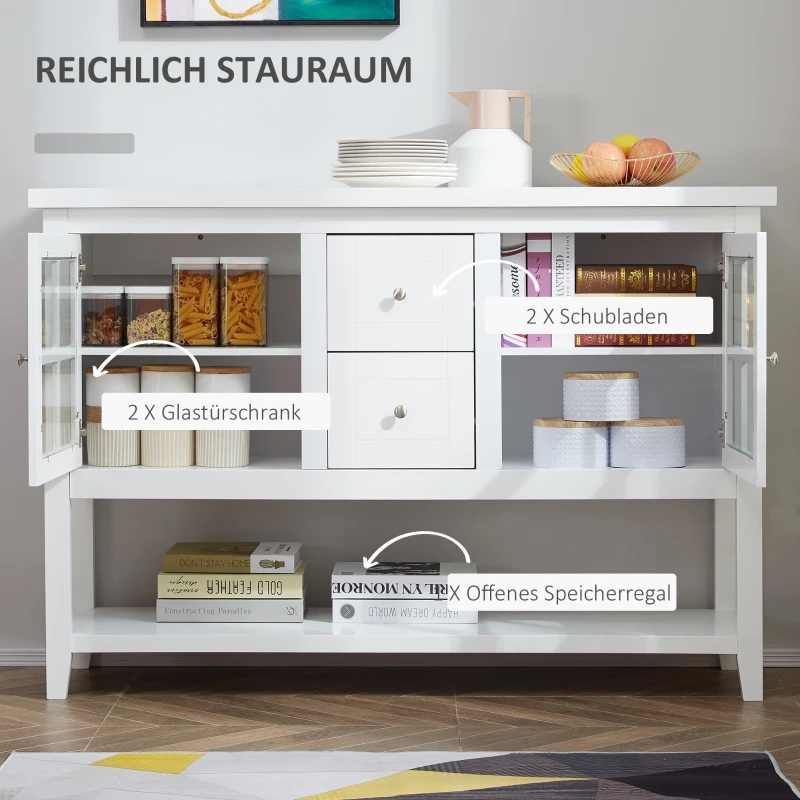 HOMCOM Küchenschrank Sideboard Aufbewahrungsschrank elegant mit zwei Glastürschränke offenes Regal zwei Schubladen Anti-Kipp-Design für Esszimmer Wohnzimmer MDF Kiefernholz Weiß 132 x 38 x 89 cm