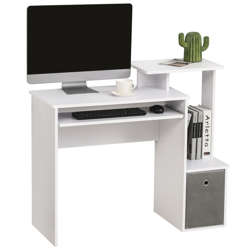 HOMCOM Computertisch, Schreibtisch, Bürotisch, Gamingtisch, PC-Tisch mit Tastaturablage, Schublade, E1 Spanplatte, Weiß, 100 x 40 x 86,6 cm