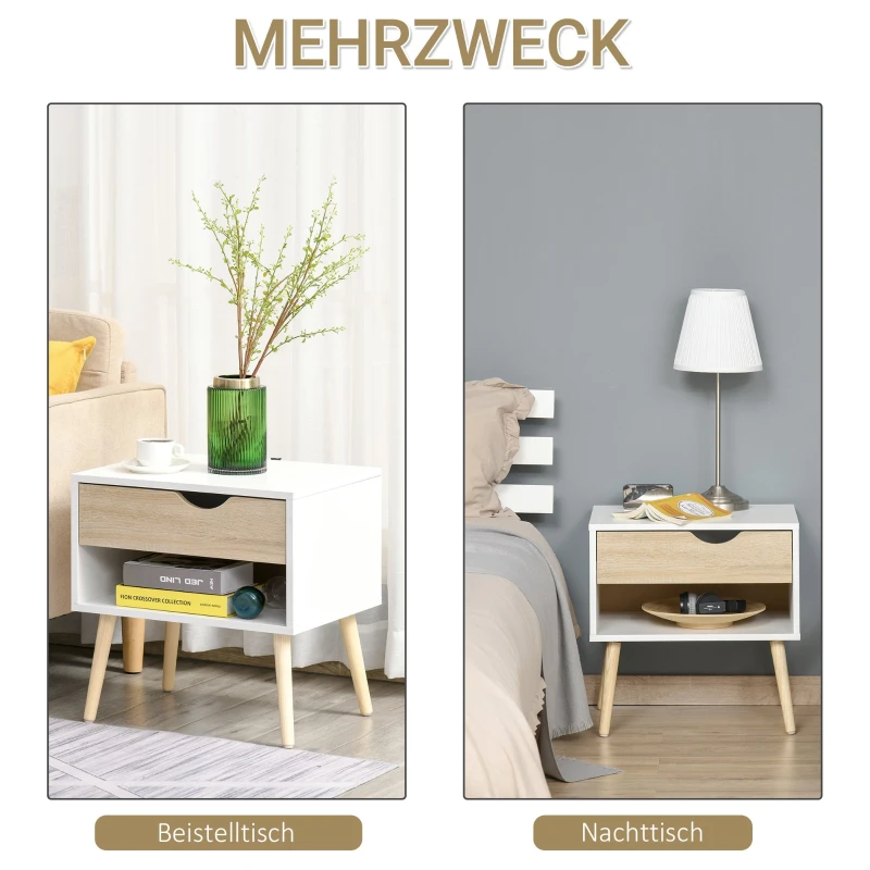 HOMCOM Stolik, stolik nocny, komoda do korytarza z 1 szufladą, MDF, płyta wiórowa, kolor: biały + dębowy, 50 x 39 x 51 cm