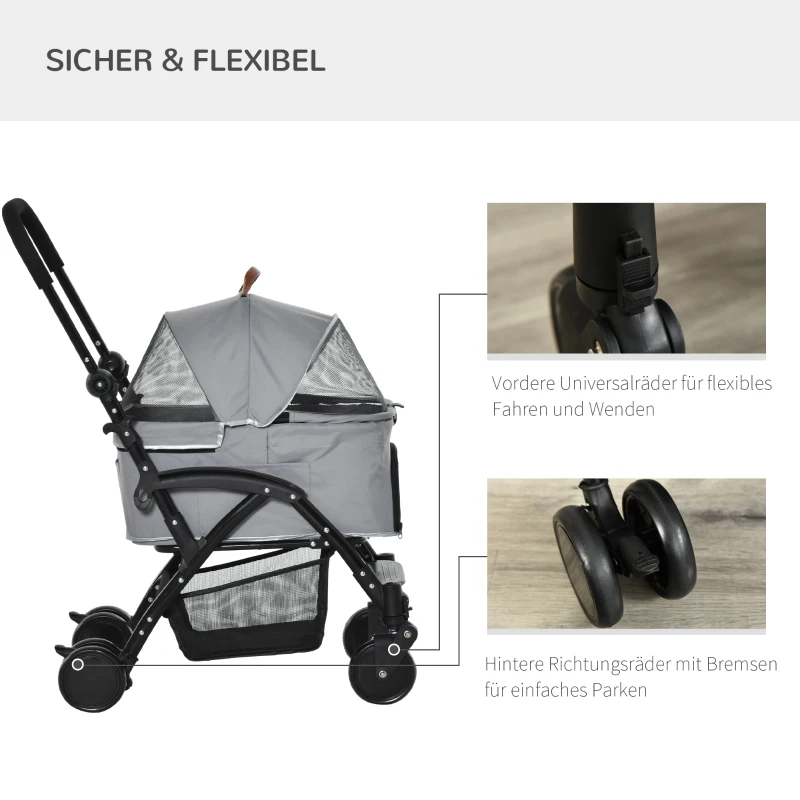 PawHut 2-in-1 Hundebuggy Transporttasche Katzenbuggy mit Universal Rad abnehmbar Abdeckung Oxford Grau+Schwarz 76,5 x 48 x 99 cm
