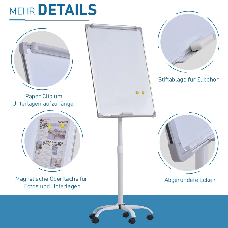 Vinsetto Whiteboard mit 360° Rollen, Magnetisch Flipchart Staffelei, Trocken Abwischbar, Höhenverstellbar, Mit Stiftablage, Magnete, Radiergummi, Alu-Legierung 92 x 62 x 162-194 cm