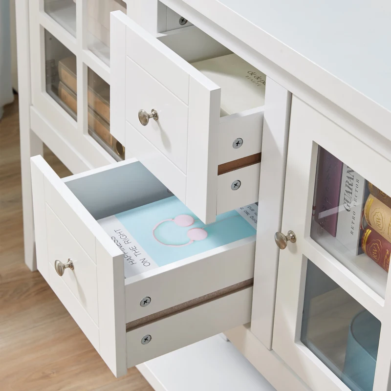 HOMCOM Küchenschrank Sideboard Aufbewahrungsschrank elegant mit zwei Glastürschränke offenes Regal zwei Schubladen Anti-Kipp-Design für Esszimmer Wohnzimmer MDF Kiefernholz Weiß 132 x 38 x 89 cm