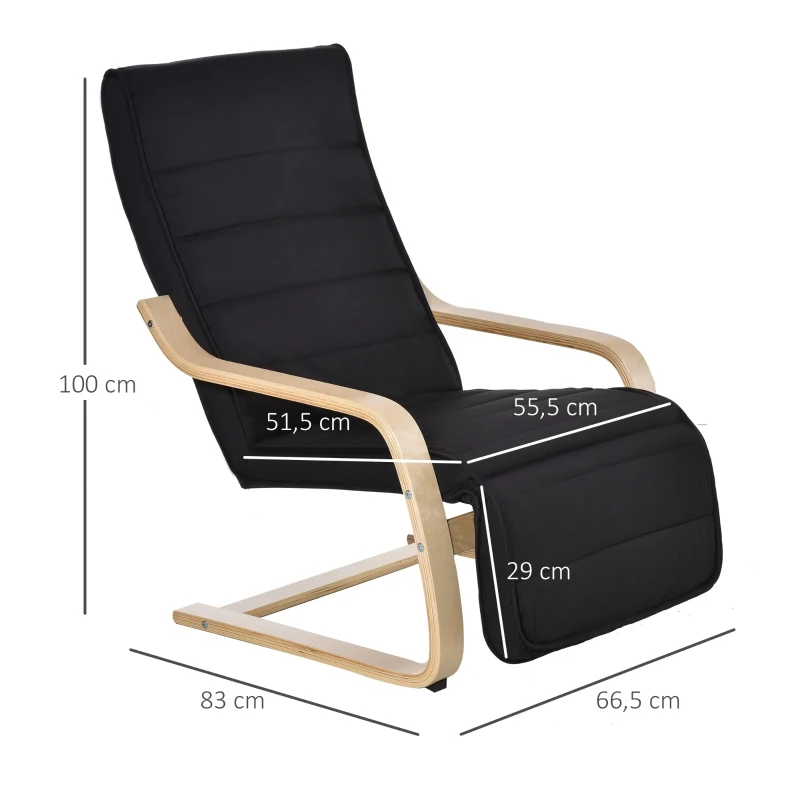 HOMCOM® Relaxsessel Ruhesessel Relaxstuhl Fernsehsessel Sessel modern Balkon verstellbares Fußteil Auflage Holz Schwarz 66,5 x 81 x 100cm