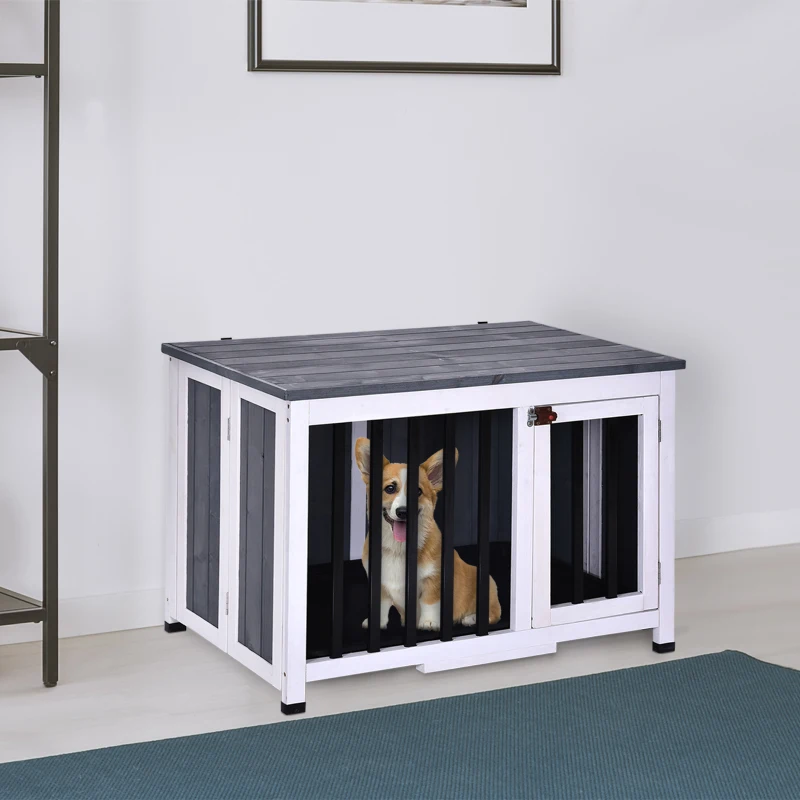 PawHut Transportbox klappbar herausnehmbare Bodenwanne Hunde bis 15 kg Tannenholz weiß + grau