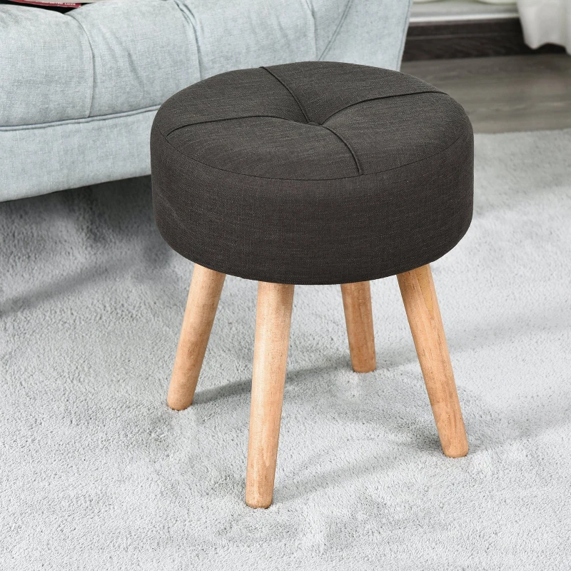 HOMCOM Sitzhocker, Polsterhocker, Fußhocker mit Holzbeine, rund, Kiefer, Leinen, Dunkelgrau, L39,5 x B39,5 x H45 cm