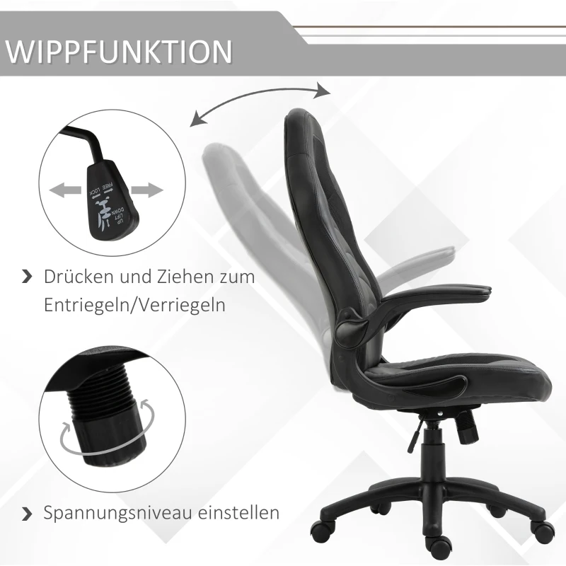 Vinsetto Gamingstuhl mit Wippfunktion höhenverstellbarer Bürostuhl ergonomischer Schreibtischstuhl Home-Office Schaumstoff Kunstleder Nylon Mesh Schwarz 64 x 68,5 x 117-127 cm