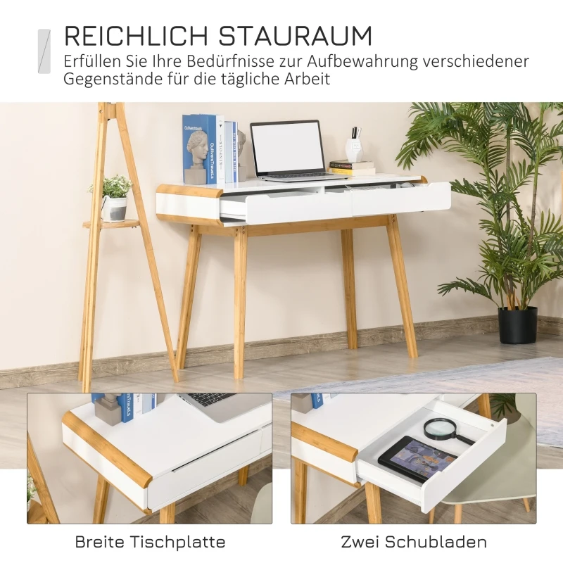 HOMCOM Schreibtisch Computertisch Bürotisch mit 2 Schubladen natürliches Design MDF Bambus Weiß+Natur 100 x 45 x 73 cm
