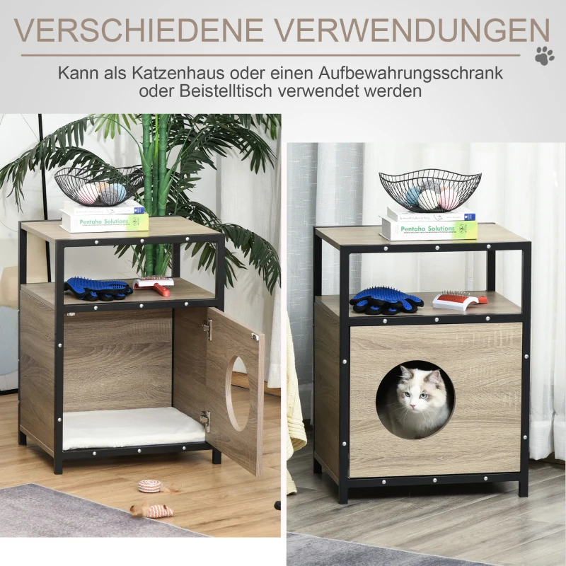 PawHut Katzenhaus mit Tür Katze Schrank Katzenhöhle Katzentoilette Beistelltisch waschbare Kissen Grau Spanplatte Metall Plüsch 48 x 40 x 64,5 cm