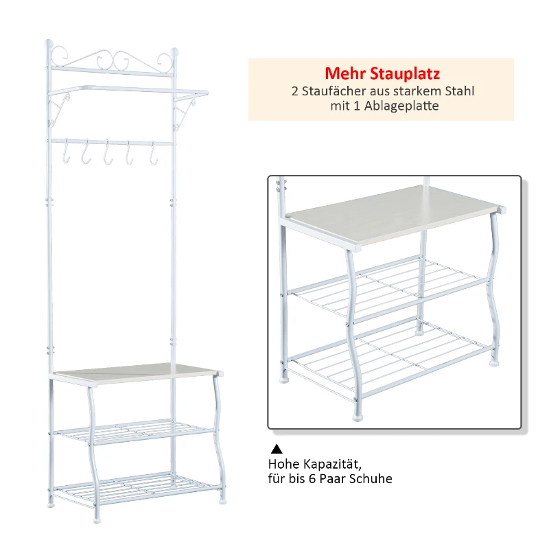 HOMCOM Garderobenständer Kleiderständer Garderobe mit 3 Schuhablagen 5 Haken Flur Stahl Weiß L60 x B35 x H175cm