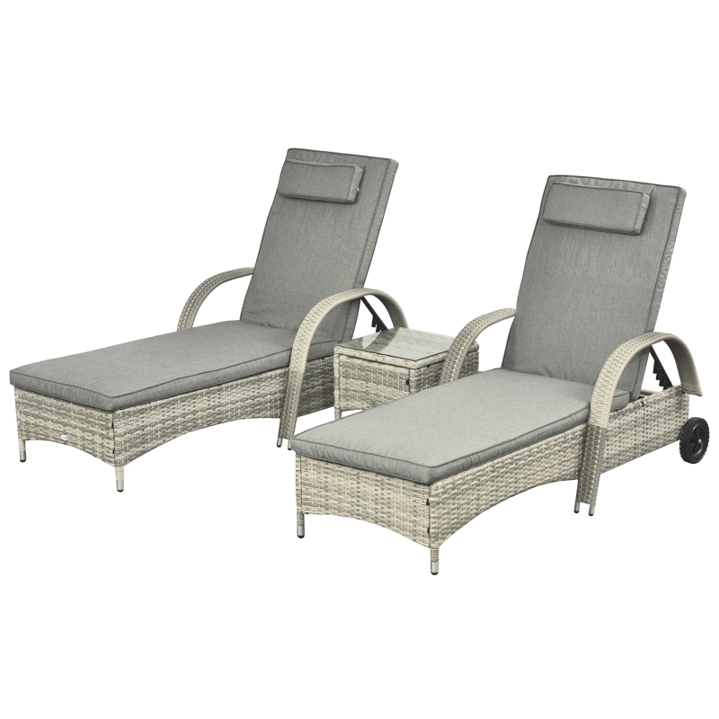 Outsunny Sonnenliege Gartenliege Tisch 3er-Set Gartenmöbel, Polyrattan+Metall Grau