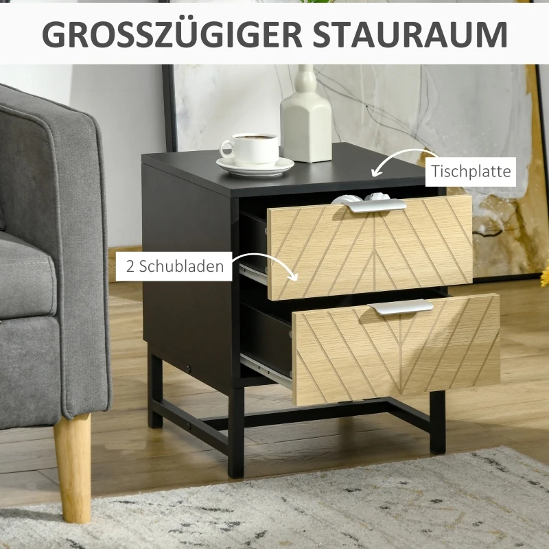 HOMCOM Nachttisch Nachtkommode mit 2 Schubladen Beistelltisch Nachtschrank Sofatisch Schwarz+Natur 40 x 36 x 48,5 cm