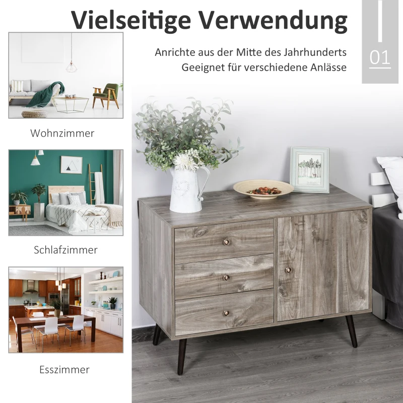 HOMCOM Sideboard Kommode Beistellschrank Bücherschrank Standschrank mit Tür und 3 Schubladen, Kiefer, Graue Holzmaserung, 102 x 50 x 76,5 cm