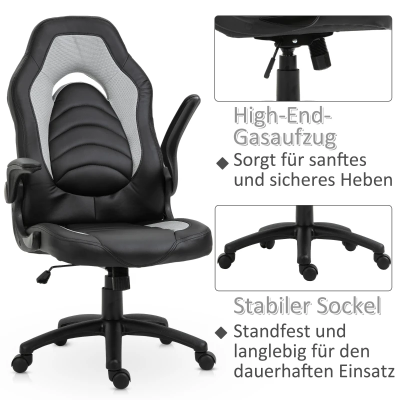 Vinsetto Gamingstuhl mit Wippfunktion höhenverstellbarer Bürostuhl ergonomischer Schreibtischstuhl Home-Office Schaumstoff Kunstleder Nylon Mesh Grau 64 x 68,5 x 117-127 cm