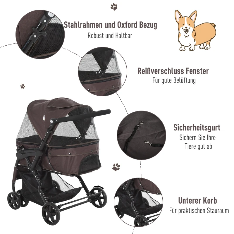 PawHut Hundewagen Hundebuggy Katzenbuggy mit vier Rädern klappbar Hunde Katze Oxford Braun 97 x 62 x 105 cm