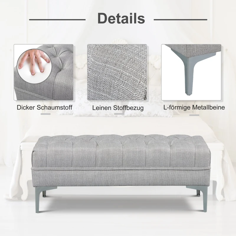 HOMCOM Polsterbank Sitzbank Truhenbank Lounge Retro, Leinen+Metall, Grau, L108xB44xH44cm