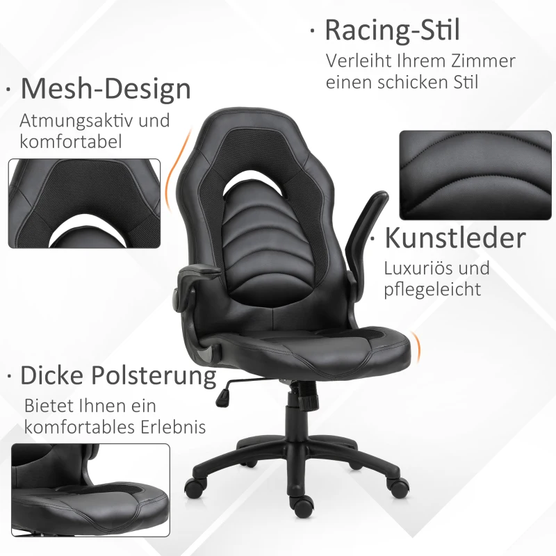 Vinsetto Gamingstuhl mit Wippfunktion höhenverstellbarer Bürostuhl ergonomischer Schreibtischstuhl Home-Office Schaumstoff Kunstleder Nylon Mesh Schwarz 64 x 68,5 x 117-127 cm