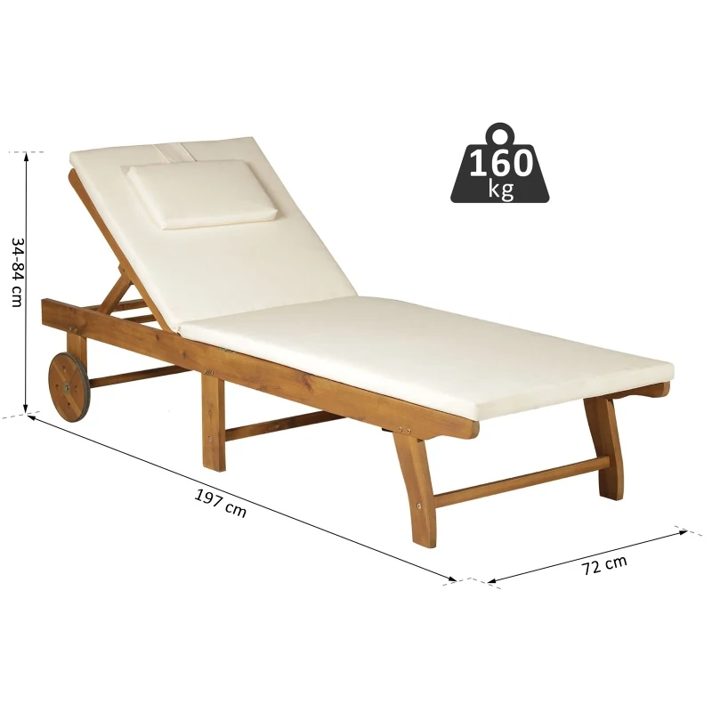Outsunny Gartenliege Sonnenliege Liegestuhl Gartenmöbel klappbar verstellbar Akazienholz Natur+Weiß L197 x B72 x H(34–84) cm