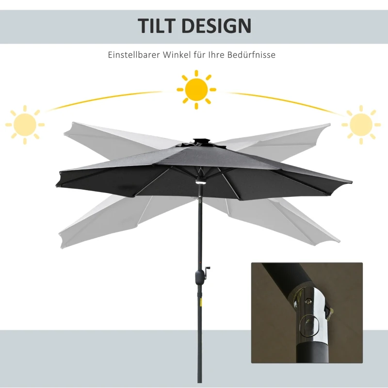 Parasol z oświetleniem solarnym LED stal aluminium poliester szary Ø266 x wys. 245 cm